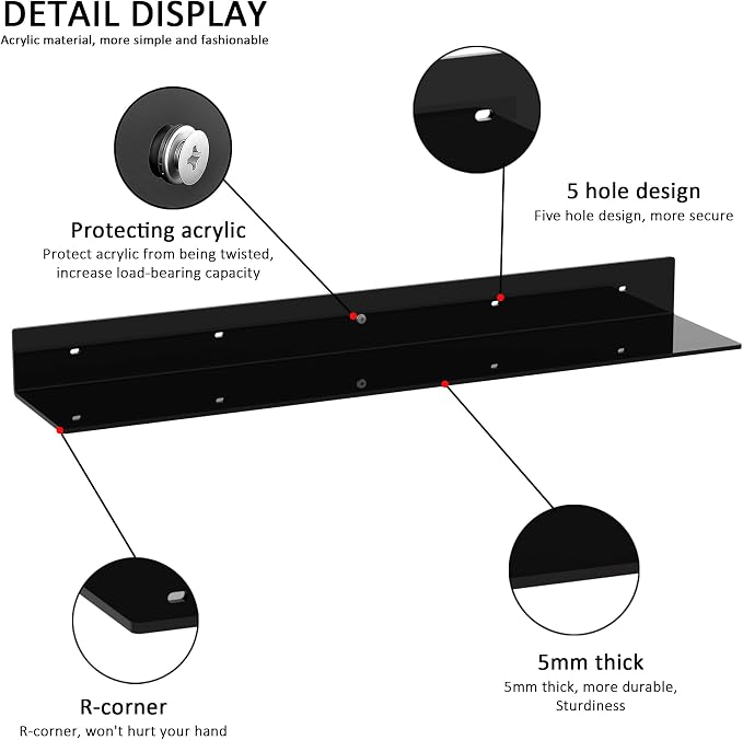 Sezanrpt 30 Inches Acrylic Long Wall Shelf Set of 2, Black Wall Mounted Acrylic Bathroom Storage Shelves Display Organizer, 2 Pack(30 Inch) - Image 4