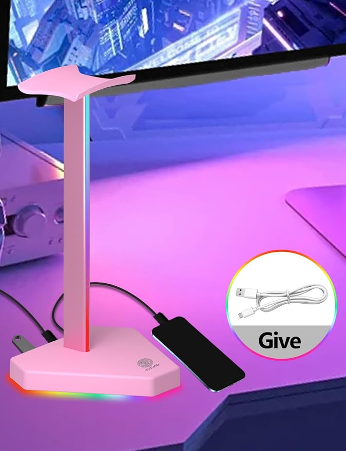 RGB Headphones Stand with 1 USB-C Data Transmission& 3 Type-C Charging Port, Desk Gaming Headset Holder with 7 Light Modes and Non-Slip Rubber Base (Pink) - Image 4