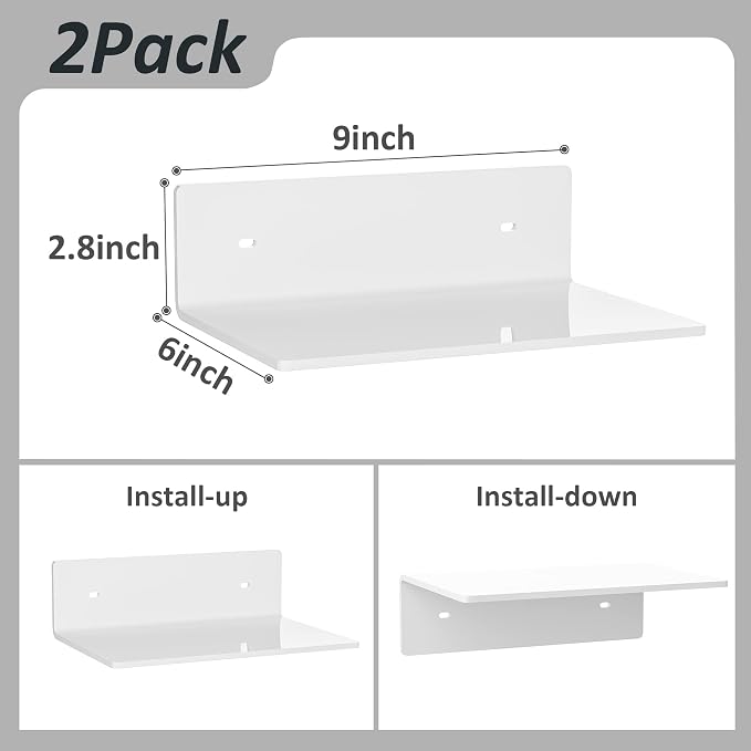 Sezanrpt 9 Inches Acrylic Wall Shelves 2 Pack, Floating Shelf for Wall Mounting, Acrylic Display Ledges for Funko Pop Figures, Home Décor, Living Room, Gaming Room, Plants(9 inch, White) - Image 3