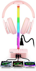 cozoo Headphone Stand with Charger, USB C, Gifts for Gamers Men, Pink Pro | Gaming Headset Stand Holder for Desk, 3 USB(1 USB C) and 2 AC Outlets Charging Ports, Headphone Hanger, Gamer Gifts for Men by COZOO