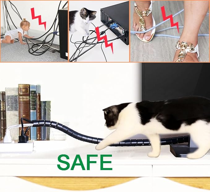 Large PC Cable Management Tube Sleeve Under Desk Wire Organizer for Cords 2 PCS Black, 1.1 inch -5 ft EZ Spiral Cable Wrap Cover Bundler w/Clips for TV Office, Pet Proof Cable Protector - Image 4