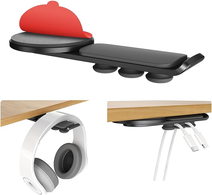 Headphone Stand - 360 Degree Rotating Adhesive Under Desk Headset Holder with 2 Cord Holder Clips (Black) by Magnetic