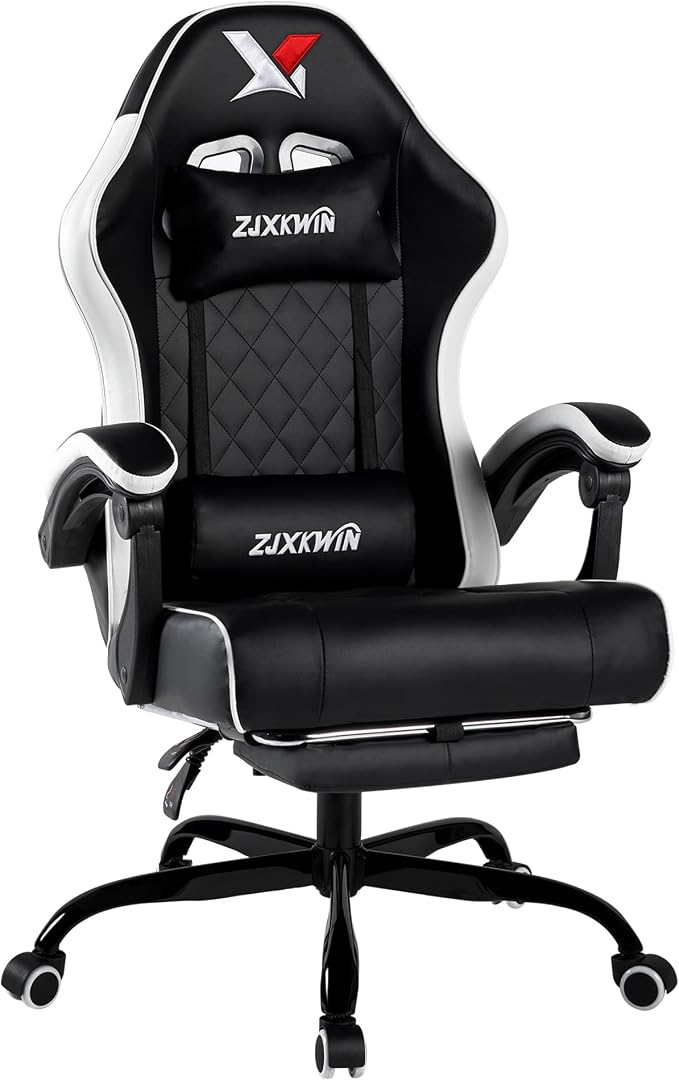Gaming Chair for Adults with Footrest,White | Pocket Spring Cushion, Ergonomic Backrest Office Chair,PU Leather Lumbar Support and Headrest, Adjustable Height,Metal Base by Unknown