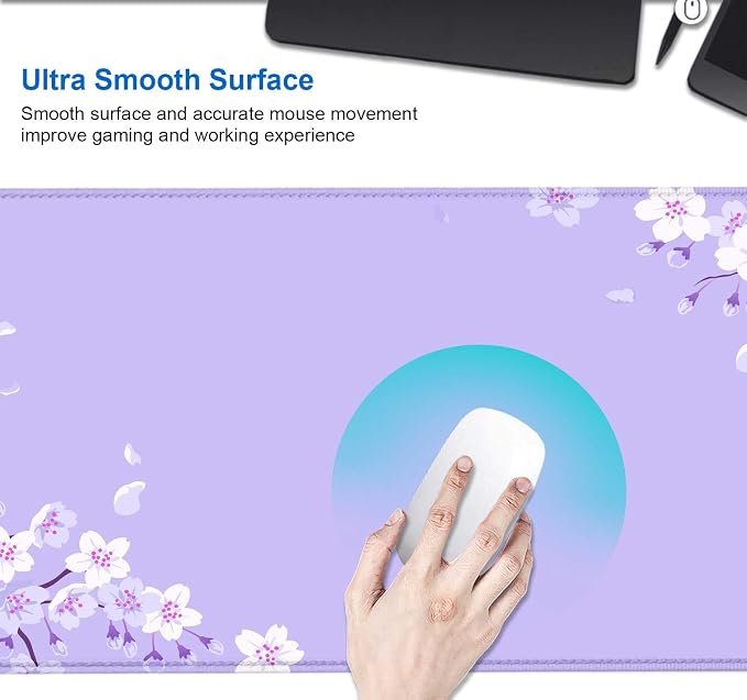 IMAYONDIA Sakura Japanese Desk Mat, Cherry Blossom Large Gaming Mouse Pad, Elegant Floral Mousepad for Women, Purple Flowers Aesthetic Desk Pad for Work Decor, Game, Office, 31.5x11.8 - Image 4