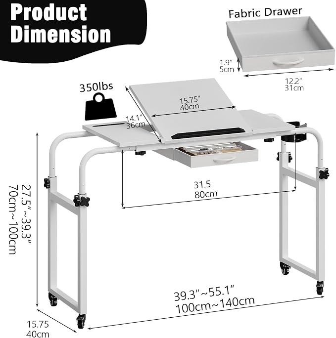 GiftGo Overbed Table with Wheels Rolling Laptop Desk Cart Table Height and Length Adjustable for Hospital and Home Use Over The Bed Table with Storage Drawer and Cup Holder (White, 31.5 to 47) - Image 5