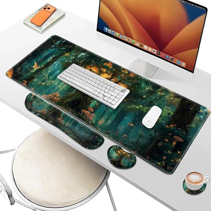 Desk Pad and Keyboard Wrist Rest, Large Mouse Pad + Keyboard Pad+Mouse Wrist Support, Non-Slip Desk Mat Protector for Office, Home 31.5×11.8 Inches Green Forest - Image 6