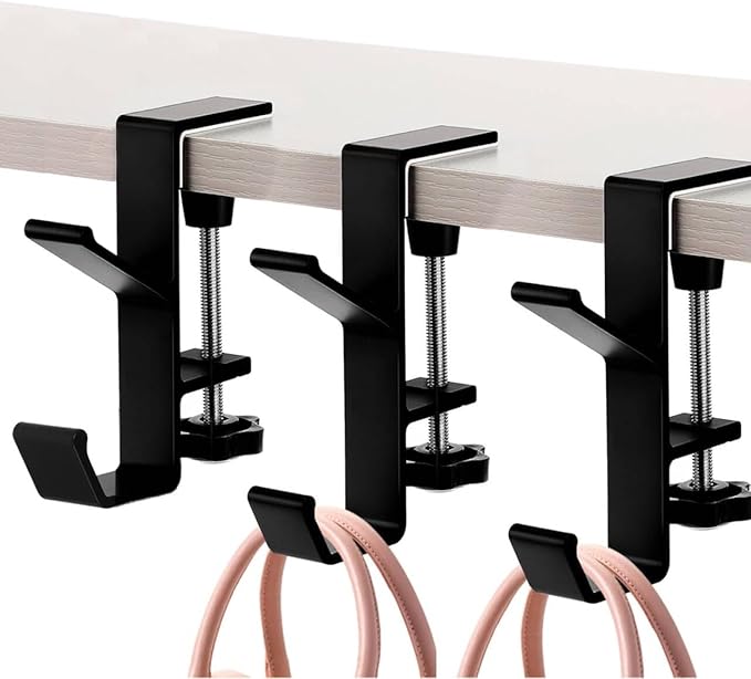 YUANQIAN Clamp-On Under Desk Headphone Holder Backpack Hook Students' Desk Hook with Adjustable Arm Clamp Women's Bag Handbag and Purse Holder -Suitable for Plate Between 1-5cm (3Pack Black, 3) by YUANQIAN