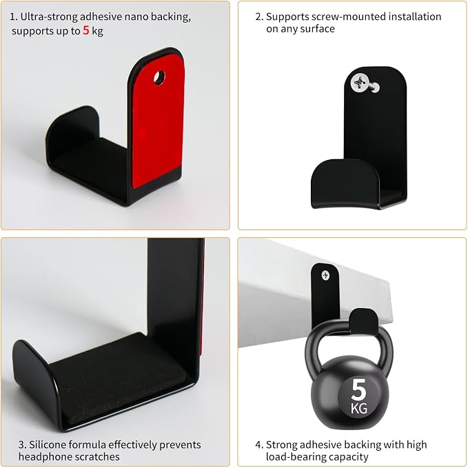 Headphone Stand, Adhesive Headphones Holder with Rubber Pad, Sticky Headset Hook for Desk or Wall, Headsets Hanger with Screws, Gaming Desk Accessories for All Headphone - Image 4