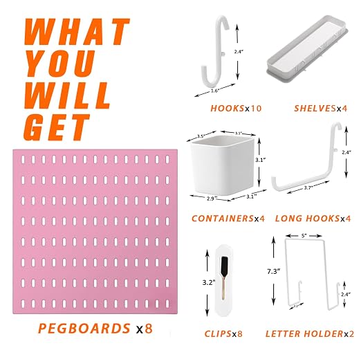Pegboard Combination Kit, 8 Peg Boards and 30 Accessories Modular Hanging Black Pegboard for Walls, Office Wall Organizer, Keys Holder on Wall, Nursery Storage, 44"x22" Pink - Image 4