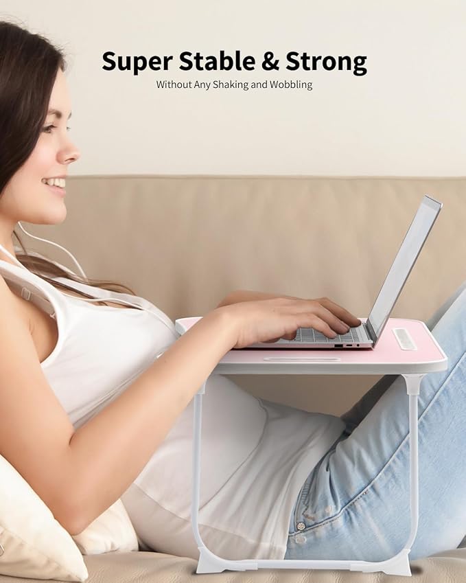 Foldable Lap Desk, Laptop Bed Desk, Portable Lap Table, Laptop Bed Table with Cup Holder & Tablet Slot & Lifting Handle for Working Writing Drawing & Eating - Pink - Image 2