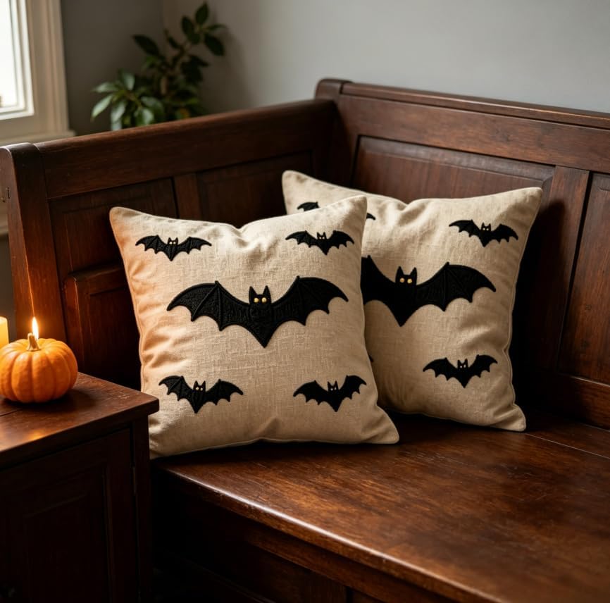 Halloween Bat Throw Pillow Covers, Beige Linen, 18x18 Inch, Set of 2, No Insert Included - Image 3