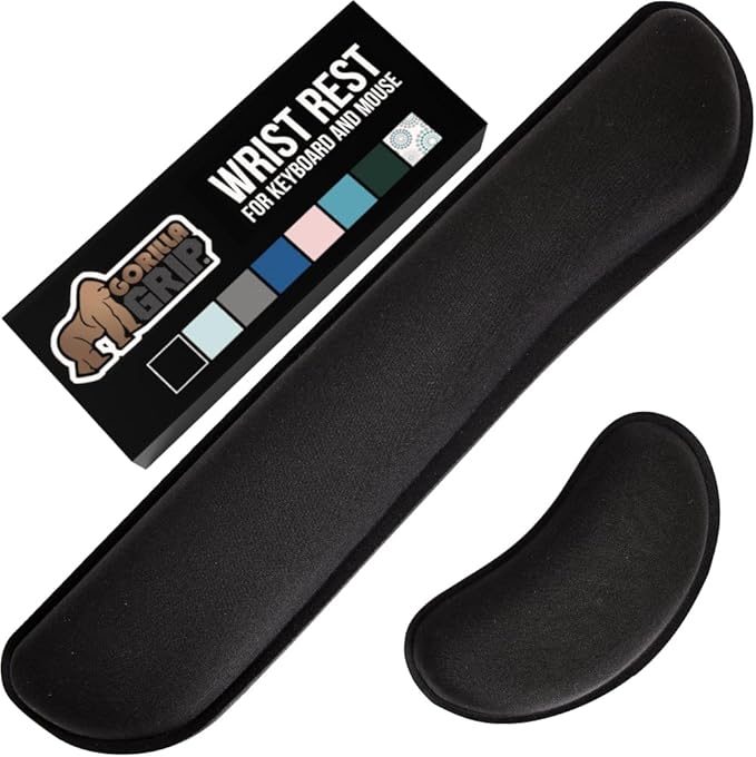 GORILLA GRIP Silky Memory Foam Wrist Rest for Computer Keyboard, Mouse, Ergonomic Design for Typing Pain Relief, Desk Pads Support Hand and Arm, Mousepad Rests, Stain Resistant, 2 Piece Pad, Black by Unknown