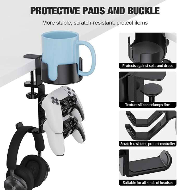 360° Rotating Desk Cup Holder with Headset Hanger | Controller Headphone Holder with Adjustable Headset Hanger Stand, Gaming Pc Accessories - Image 3