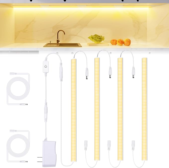JUSJUBR Under Cabinet Lights Plug-in, 4 Pack x 12inch Warm White 3000K LED Under Cabinet Lighting, Dimmable Under Counter Lights with Memory Function, LED Light Bars for Kitchen Pantry Desk by Jusjubr