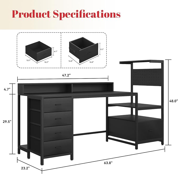 Gaming Desk with Storage Drawers, Computer Desk with Shelves & Charging Station, Corner Writing Table with Pegboard for Small Space, Home Office Desk, Black - Image 2