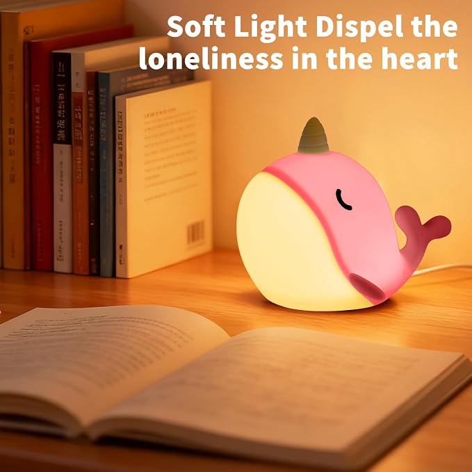 Cute Narwhal Night Light, Tap Control with 3 Warm White Brightness, USB Kids Bed Lamp with 30-Minute Timer, Soft Silicone Glow for Nursery, Birthday Gift (Pink Narwhal) - Image 6