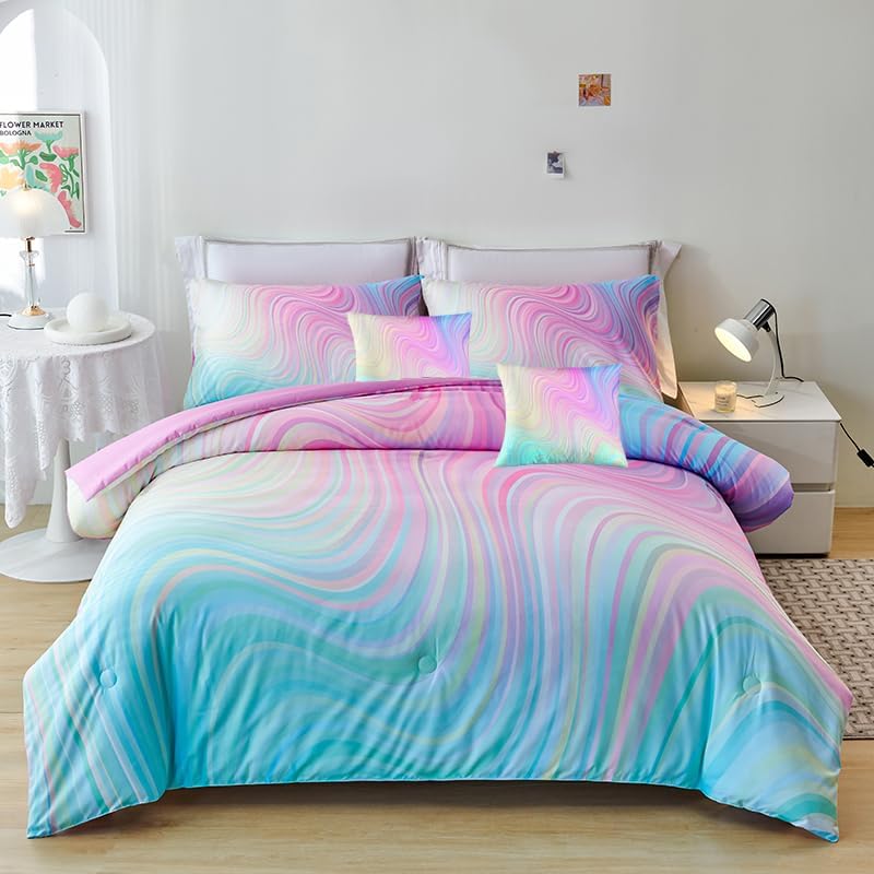7PCS Girls Comforter Sets Queen,Pink Comforter Queen,Girls Bed Sets Queen,Bed in a Bag with Flat Sheet and Fitted Sheet,Pillowcases,Cushion Covers for Girl,Rainbow Bedding Sets by Helloosuucomforterset