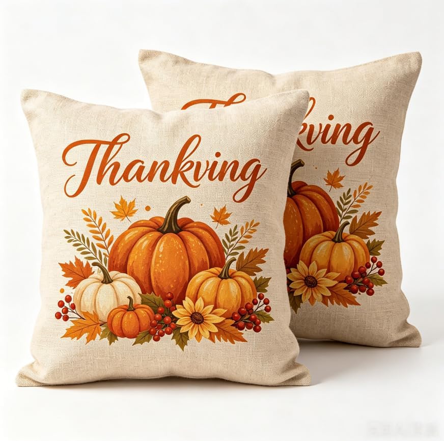 Thanksgiving Throw Pillow Covers, Linen, 18x18 Inch, Set of 2, Pumpkin Autumn Design, Farmhouse Style, Machine Washable by Unknown