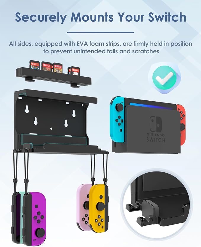 Wall Mount for Nintendo Switch and Switch OLED with 28 Game Card Holders and 4 Joy Con Hooks, Organize Switch Console Behind TV, Ideal Gift for Gamer, Black - Image 5