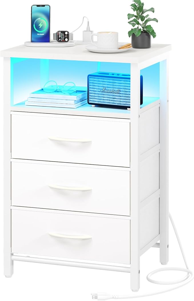Yoobure Night Stand with Charging Station, LED White Nightstand for Dorm by Yoobure