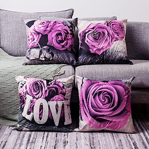Light Purple Rose Throw Pillow Covers Set of 4 20x20” Flower Decorative Cotton Linen Square Pillow Cases for Bedroom Outdoor Patio Couch Cotton Linen Cushion Covers Living Room Bed Sofa Home Decor - Image 2