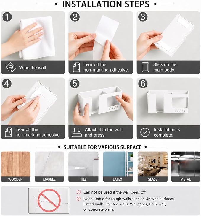Strong Adhesive Wall Mount Phone Holder D3 Punch-Free Bedside Phone Shelf with Charging Port, Sticky Remote Control Storage Box, Bathroom & Kitchen Wall Organizer (2 Pack-White) - Image 7