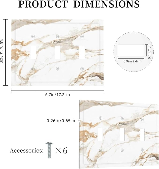 Decorative Light Switch Cover Plate Abstract Luxury White Gold Marble 3 Gang Wall Plate Triple Toggle Switch Plate Covers 3 Hole Electrical Switchplate Dimmer Faceplate for Bedroom Decor - Image 5