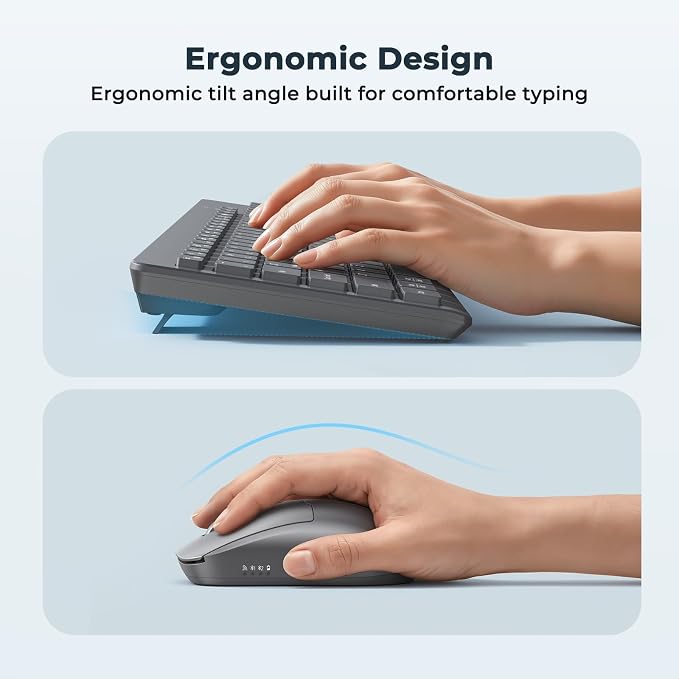 Wireless Keyboard and Mouse, 2.4GHz/Bluetooth Quiet Full Size Set, Gray - Image 6