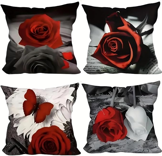 4pcs Romantic Red Rose Decorative Throw Pillow Case - Perfect for Valentine's Day, Home, Bedroom, Living Room More!Single-sidedPrinting Without Insert, Short Plush Material，Pillow Covers 18x18 by Unknown