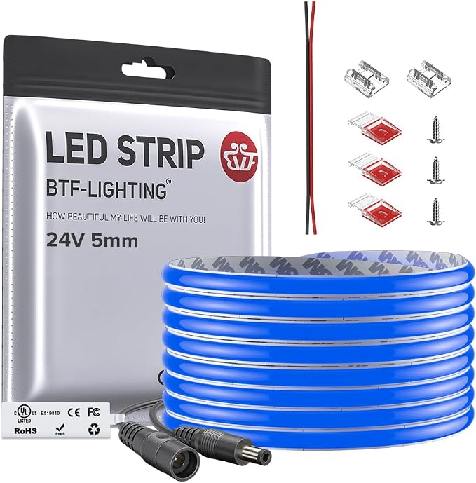 BTF-LIGHTING UL Listed Blue Color 5mm Width FCOB COB LED Strip Light by BTF-LIGHTING