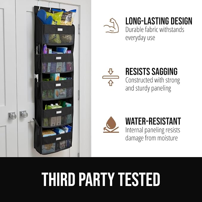 GORILLA GRIP Over The Door Organizer Storage, 5 Deep Hanging Shelves, Holds 50lbs, Closet Organizers Shelf for Bedroom, Shoes, Bathroom, Nursery, Dorm Essentials, 3 Metal Hooks, 58x15 Inches, Black - Image 5