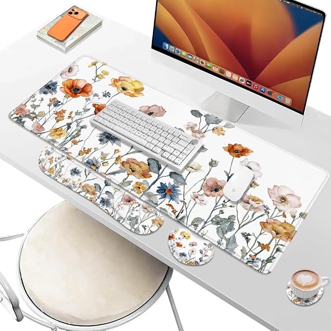 Desk Pad and Keyboard Wrist Rest, Large Mouse Pad + Keyboard Pad+Mouse Wrist Support, Non-Slip Desk Mat Protector for Office, Home 31.5×11.8 Inches Cute Floral - Image 6