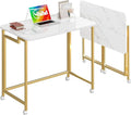 4NM 27.5" Mobile Small Rolling Computer Desk, Folding Laptop Cart Table with Wheels, Portable Office Desk for Small Space Couch Bed - White and Golden by 4NM