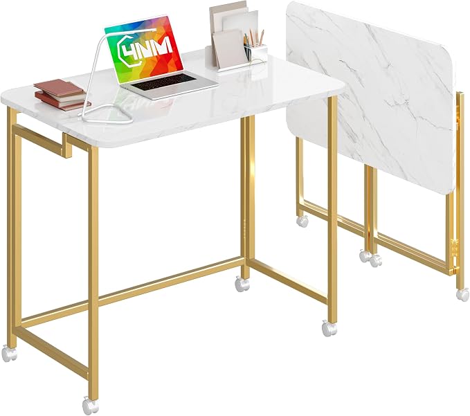 4NM 27.5" Mobile Small Rolling Computer Desk, Folding Laptop Cart Table with Wheels, Portable Office Desk for Small Space Couch Bed - White and Golden by 4NM