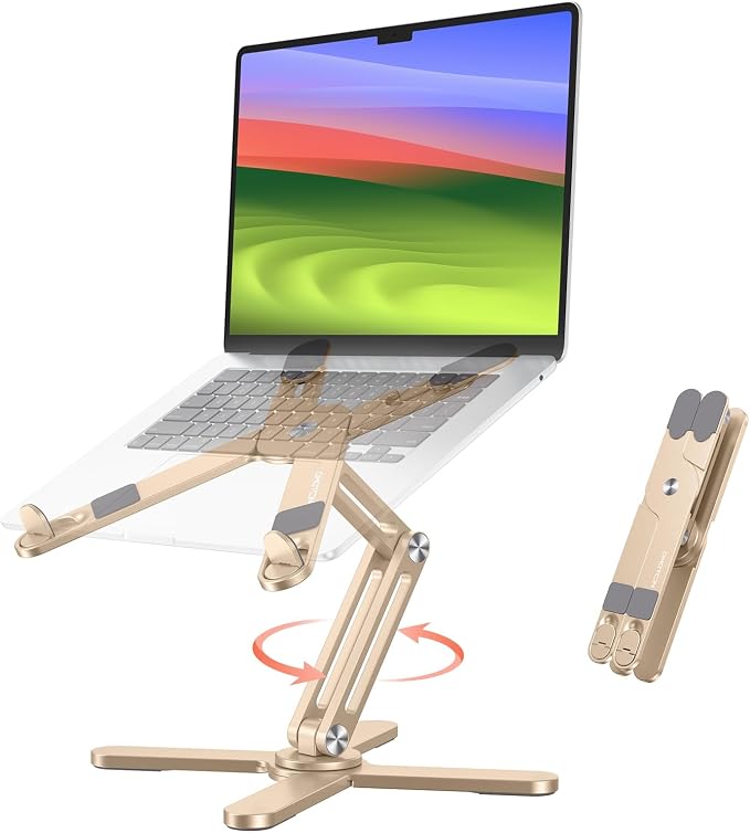 OMOTON LA10 360° Rotating Laptop Stand Riser Foldable for Desk, Gold | Aluminium Aolly, Tool-free Adjustable Height Angles, Collaborative Work, Easy Storage, Fits 11"-17" MacBook Pro/Air, Dell, HP by OMOTON