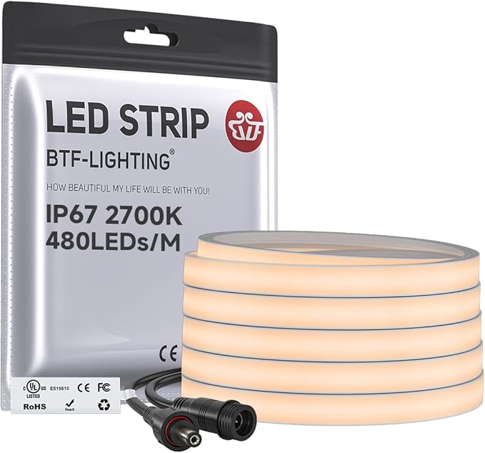 BTF-LIGHTING UL Listed IP67 Waterproof COB LED Strip Warm White 2700K by BTF-LIGHTING