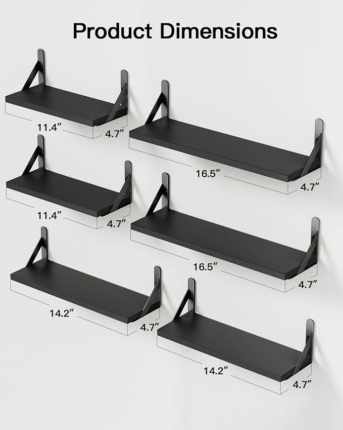 Amada Solid Paulownia Wood Wall Shelves, Medium Size, 6 Pcs, Black - Image 3