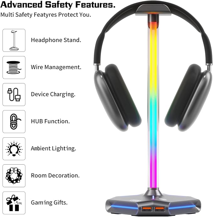 cozoo Desk headset stand Touch RGB Light Stand 4 Color Modes 2 USB Grey | Headphone Stand for Desk with 4 Fixed Colors & RGB Cycle Lighting,Built-in 2 USB2.0 Charging Ports, for Most Gaming Headsets - Image 8