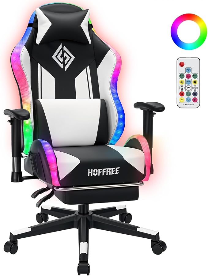 HOFFREE RGB Gaming Chair for Kids LED Computer Chair 155°Recliner-White | PC Game Chair with Lights Gamer Chair for Boys Teens 8-15 Video Game Chairs with Footrest and Lumbar Support Racing Style by HOFFREEOfficial