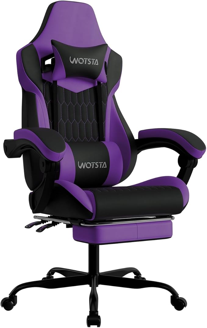 Gaming Chair with Footrest, High Back Gaming Chairs PVC Leather Ergonomic Gamer Chair with Adjustable Headrest Lumbar Support Racing Style Video Gaming Chair for Office/Home (Purple) by WOTSTA