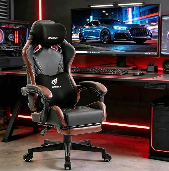 Ergonomic Gaming Chair for Adults with Footrest - PU Leather Computer Gamer Chair with Memory Foam Headrest & Lumbar Pillow, Reclining Silla Gamer Video Game Chair for Home Office, Black & Brown - Image 2