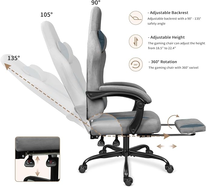 Breathable Fabric Gaming Chair with Footrest - Light Grey/Blue | 90°-135° Recline, 18.5”-22.4” Height Adjust, Breathable Fabric, Footrest for Rest, for Gaming/Office, 15 Min Assembly - Image 6