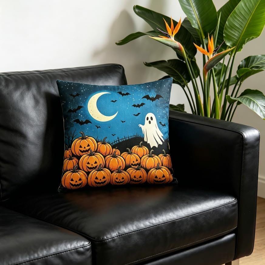 Halloween Throw Pillow Covers, Linen, 18x18 Inch, Set of 2, Pumpkin and Black Cat Trick or Treat Design, Machine Washable - Image 5