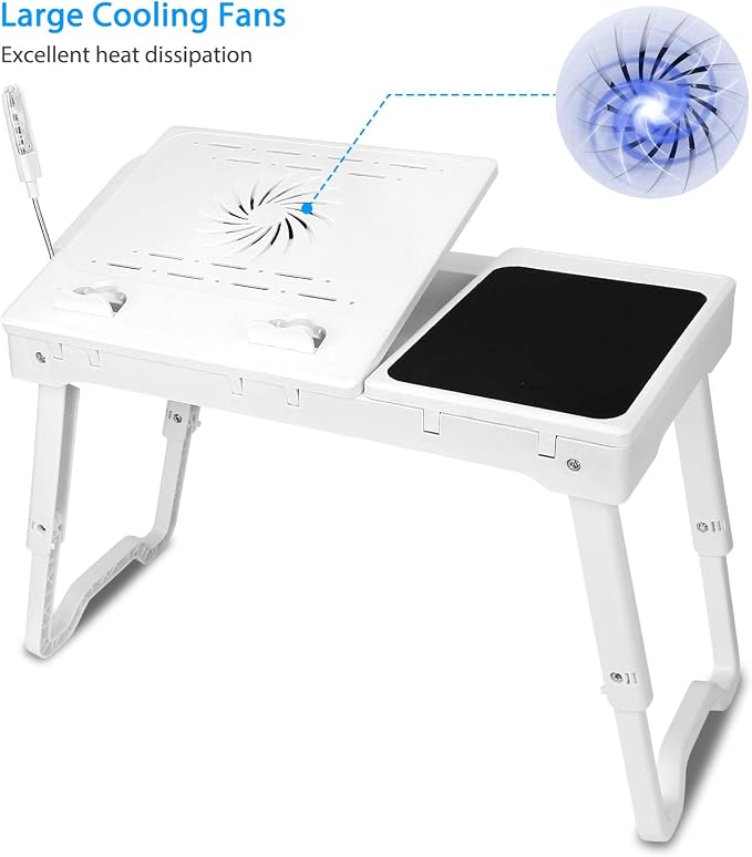 TeqHome Laptop Table for Bed, Adjustable Laptop Bed Desk with Fan, 4 USB Ports, Portable Lap Desk with Foldable Legs, Laptops Stand for Couch Sofa Bed Tray with LED Light, Storage, Mouse Pad - White - Image 2