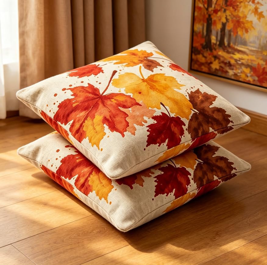 Fall Throw Pillow Covers, Autumn Maple Leaf Watercolor Print, Linen, 18x18 Inch, Set of 2, Farmhouse Style,Thanksgiving Decorations - Image 4