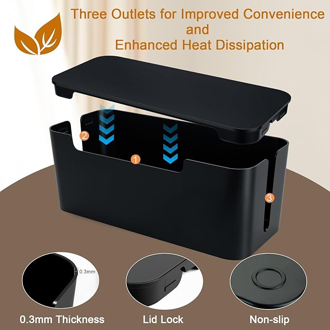 Eichzer Cable Management Box with Lid, Three Entry/Exit Slots, Black - Image 4