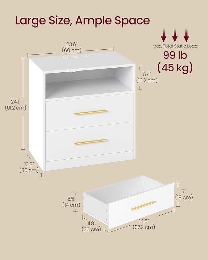 VASAGLE 23.6 Nightstands, LED Lights, Charging Station, 2 Drawers - Image 3