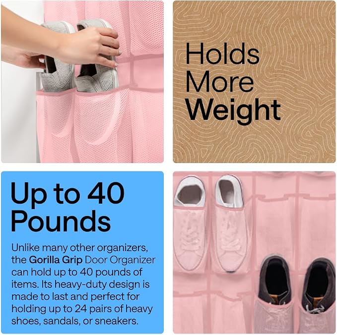 GORILLA GRIP Over the Door Shoe Organizer, 24 Large Pockets, Pink - Image 3