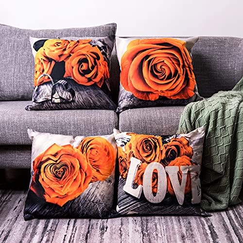 Flower Throw Pillow Covers Decor 20 x 20 Inch Set of 4, Burnt Orange Rose Pattern Pillow Cases for Bedroom Outdoor Patio Cotton Linen Square Pillow Cushion Cases Couch Sofa Decorative Pillow Cover Car - Image 2