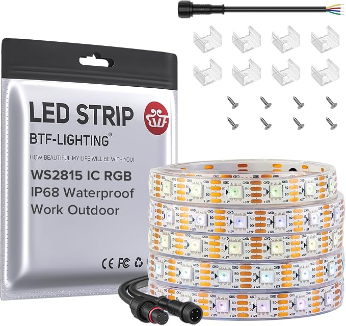 BTF-LIGHTING IP68 Waterproof WS2815 RGB LED Strip DC12V 16.4ft 300Pixel by BTF-LIGHTING